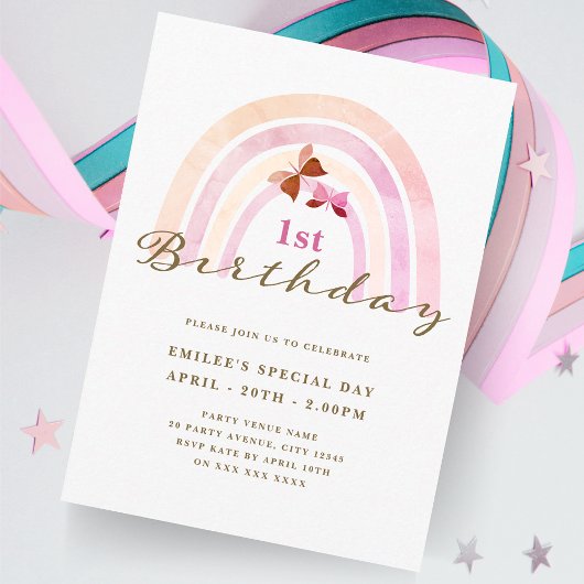 Invitation Papillons arc-en-ciel Anniversaire Pastel Pinks