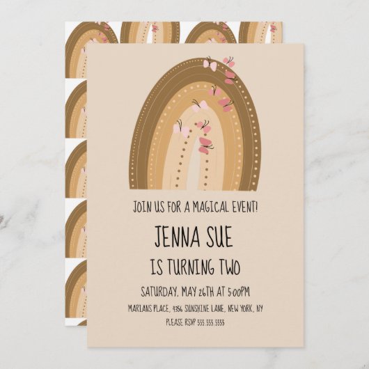 Invitation Papillons arc-en-ciel Bohême Main dessinée Anniver (Devant / Derrière)