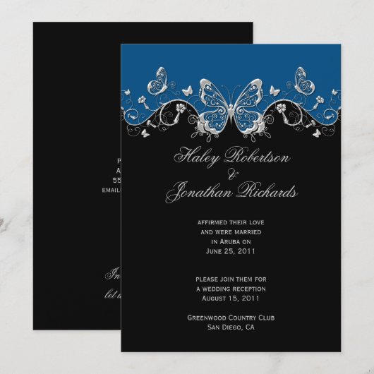 Invitation Papillons Argent Bleu Noir Après-Mariage (Devant / Derrière)