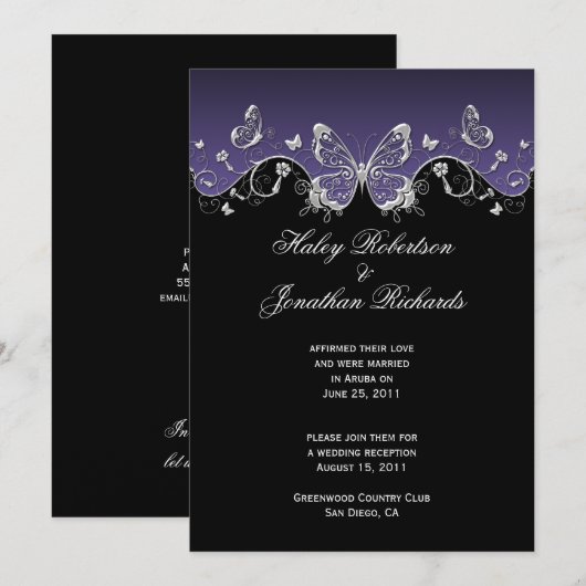 Invitation Papillons argent noir violet Après mariage (Devant / Derrière)