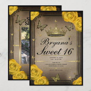 Invitation Papillons au Diadème Roses Jaunes 16 ans Douce