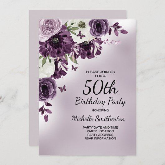Invitation Papillons aux fleurs blanches violettes 50e annive (Devant / Derrière)