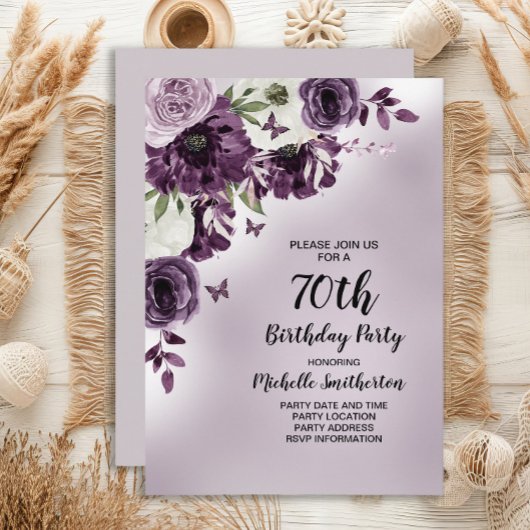 Invitation Papillons aux fleurs blanches violettes 70e annive