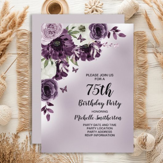 Invitation Papillons aux fleurs blanches violettes 75e annive