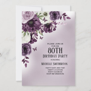 Invitation Papillons aux fleurs blanches violettes 80e annive