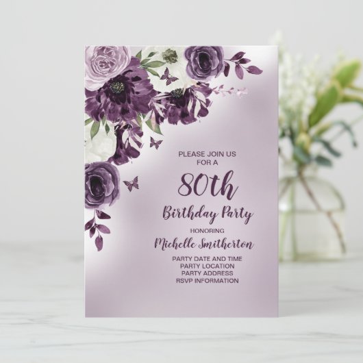 Invitation Papillons aux fleurs blanches violettes 80e annive (Debout devant)