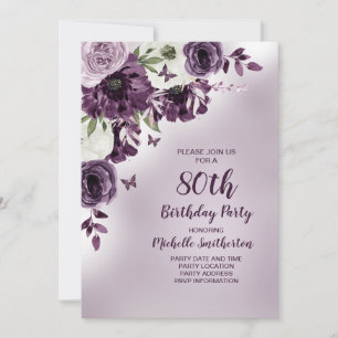 Invitation Papillons aux fleurs blanches violettes 80e annive