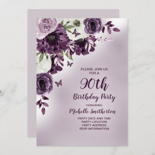 Invitation Papillons aux fleurs blanches violettes 90e annive (Devant / Derrière)