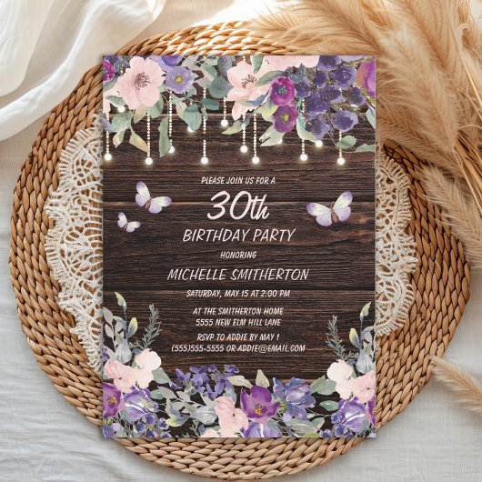 Invitation Papillons aux fleurs rose pourpre Bois rustique 30