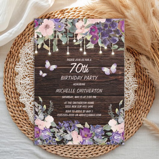 Invitation Papillons aux fleurs rose pourpre Bois rustique 70