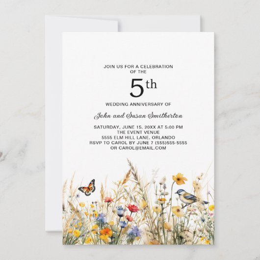 Invitation Papillons aux oiseaux fleur sauvage 5e anniversair (Devant)