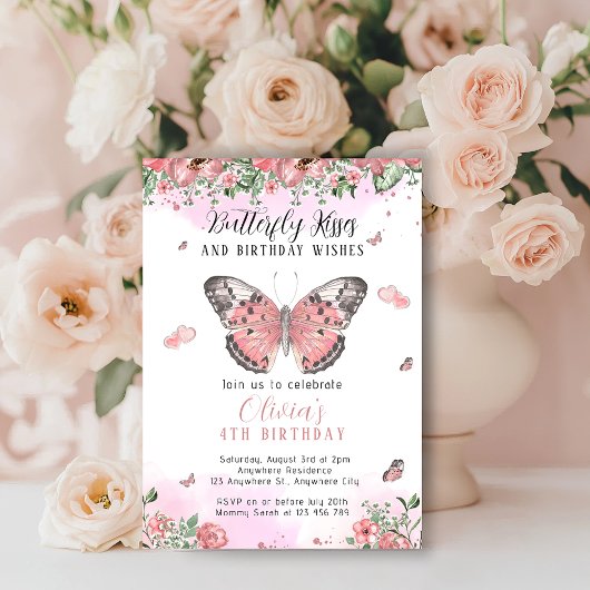 Invitation Papillons Bisous Rose et Or