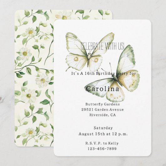 Invitation Papillons Blancs Vert Menthe Anniversaire (Devant / Derrière)