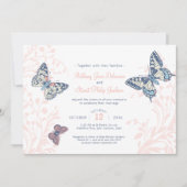 Invitation Papillons bleu corail encre art mariage photo (Devant)