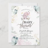Invitation Papillons bleu éléphant Baby shower rose (Devant)