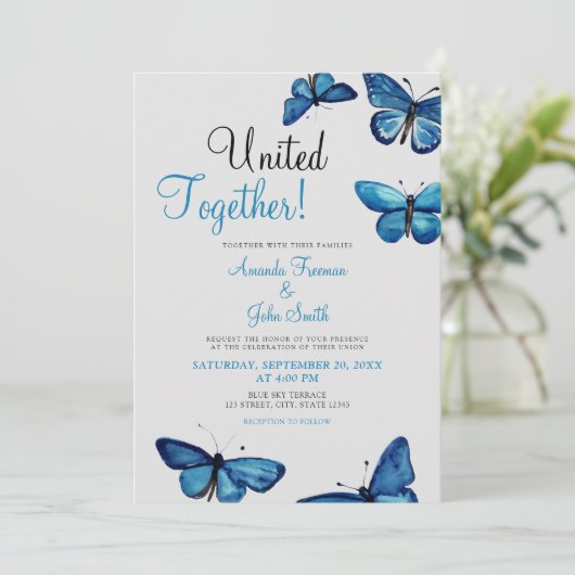 Invitation Papillons bleu esthétique Mariage d'aquarelle (Debout devant)