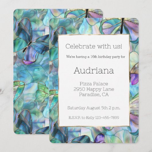 Invitation Papillons bleu pourpre 16e anniversaire (Devant / Derrière)