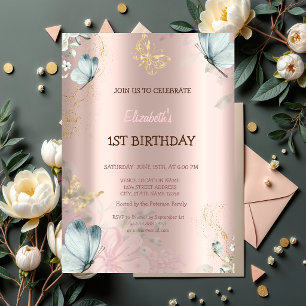 Invitation Papillons Bleus Aquarelle Rose Gold Anniversaire 