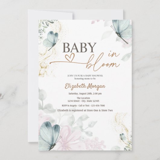 Invitation Papillons bleus bébé en fleur (Devant)