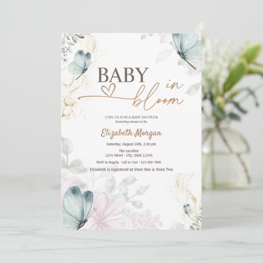 Invitation Papillons bleus bébé en fleur (Debout devant)