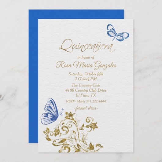 Invitation Papillons bleus Chic Quinceanera (Devant / Derrière)