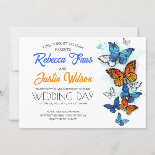 Invitation Papillons bleus et orange Morpho Monarque