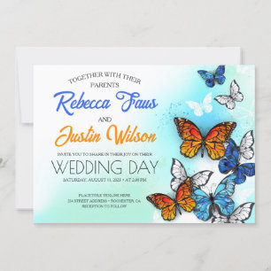 Invitation Papillons bleus et oranges Monarque de Morpho