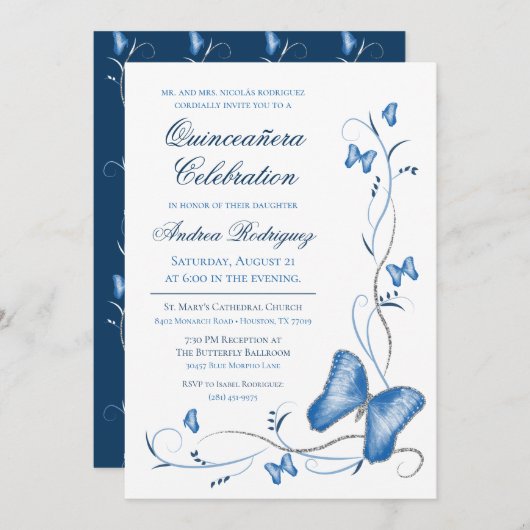 Invitation Papillons bleus et perruques Quinceanera (Devant / Derrière)