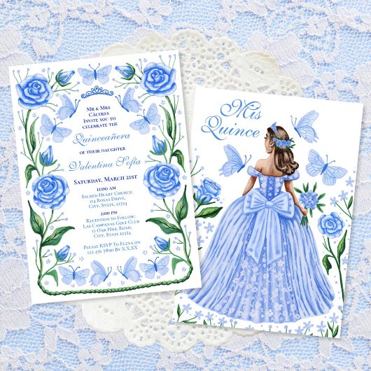 Invitation Papillons bleus et princesse Rose Quinceanera