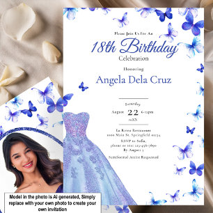 Invitation Papillons Bleus Et Robe Début 18ème Anniversaire
