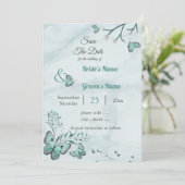 Invitation papillons bleus feuille floral enregistrer la date (Debout devant)