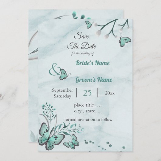 Invitation papillons bleus feuille floral enregistrer la date (Devant / Derrière)