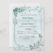 Invitation papillons bleus feuille floral mariage géométrique (Devant)