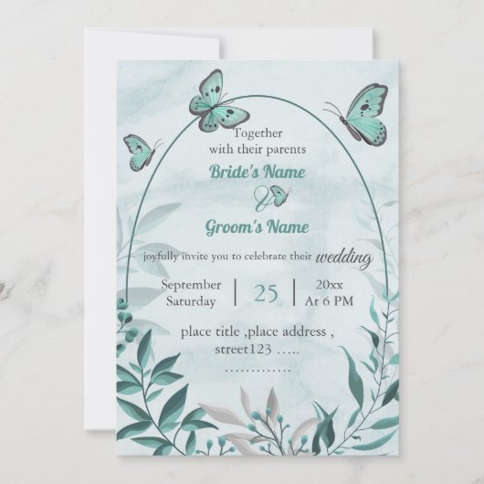 Invitation papillons bleus feuille mariage (Devant)