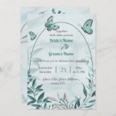 Invitation papillons bleus feuille mariage (Devant / Derrière)