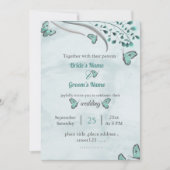 Invitation papillons bleus feuille mariage (Devant)