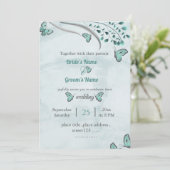 Invitation papillons bleus feuille mariage (Debout devant)