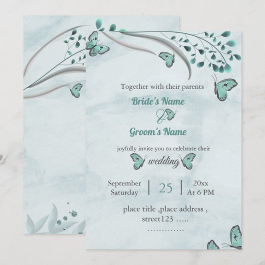Invitation papillons bleus feuille mariage (Devant / Derrière)