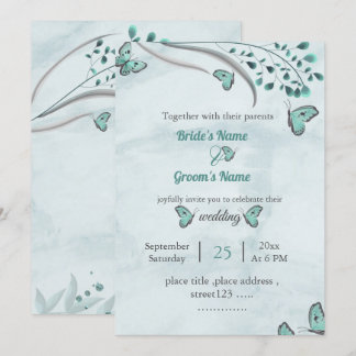 Invitation papillons bleus feuille mariage
