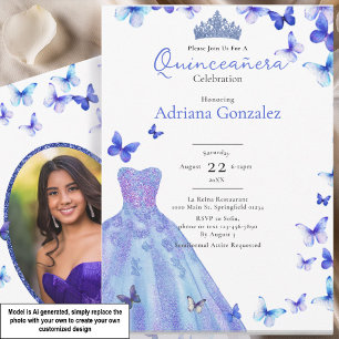 Invitation Papillons Bleus Robe Diadème Photo Quinceanera