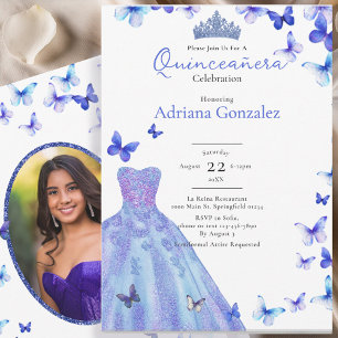 Invitation Papillons Bleus Robe Diadème Photo Quinceanera