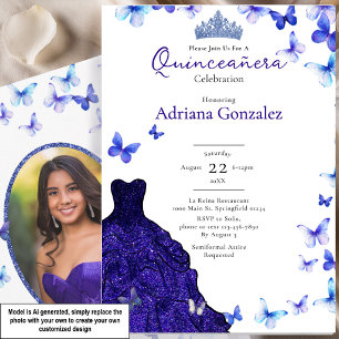 Invitation Papillons bleus Robe Tiara Photo Quinceanera