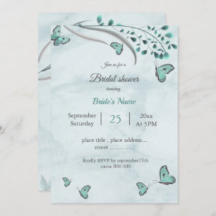 Invitation Papillons bleus turquoises et douche nuptiale feui
