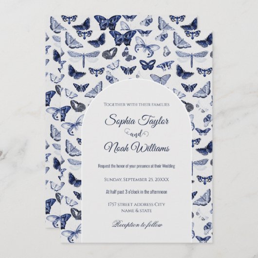 Invitation Papillons bleus vintages (Devant / Derrière)