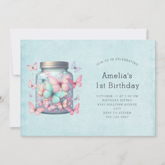 Invitation Papillons Capricieux dans un Pot d'Anniversaire (Devant)