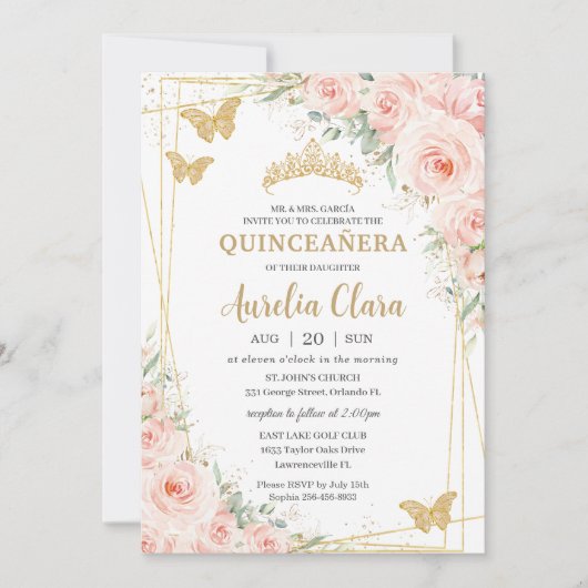 Invitation Papillons Champange Floral Blush Quinceanera (Devant)