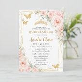 Invitation Papillons Champange Floral Blush Quinceanera (Debout devant)