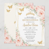 Invitation Papillons Champange Floral Blush Quinceanera (Devant / Derrière)