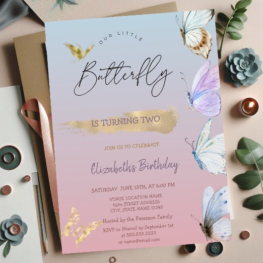 Invitation Papillons Colorés Ombrés Anniversaire Or