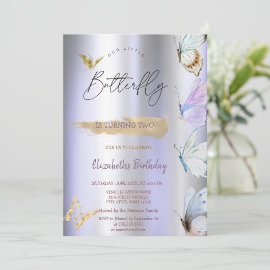 Invitation Papillons colorés Violet Metallday (Debout devant)